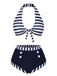 Dark Blue 1930s Stripes Halter Buttons Swimsuit, vintage swimsuit, pin-up swimwear - perfect for women who love vintage and retro fashion