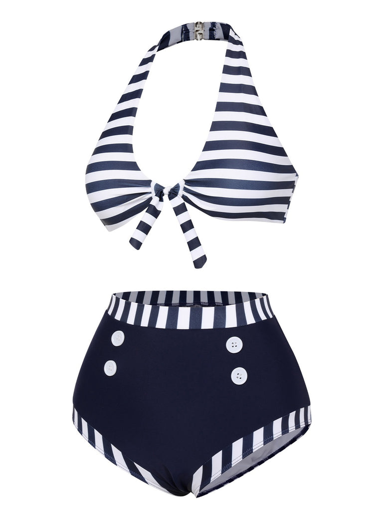 Dark Blue 1930s Stripes Halter Buttons Swimsuit, vintage swimsuit, pin-up swimwear - perfect for women who love vintage and retro fashion