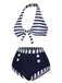 Dark Blue 1930s Stripes Halter Buttons Swimsuit, vintage swimsuit, pin-up swimwear - perfect for women who love vintage and retro fashion
