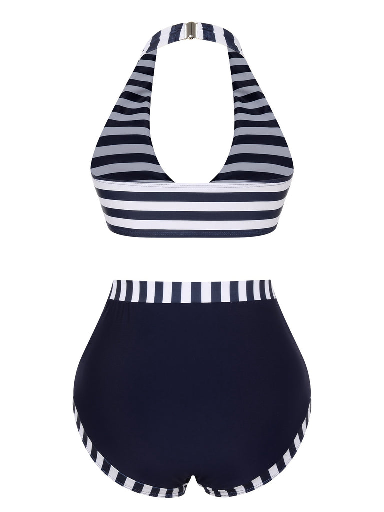Dark Blue 1930s Stripes Halter Buttons Swimsuit, vintage swimsuit, pin-up swimwear - perfect for women who love vintage and retro fashion