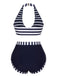 Dark Blue 1930s Stripes Halter Buttons Swimsuit, vintage swimsuit, pin-up swimwear - perfect for women who love vintage and retro fashion