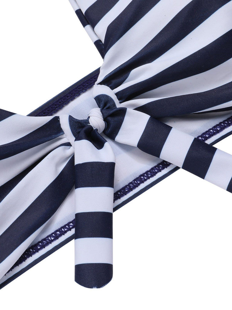 Dark Blue 1930s Stripes Halter Buttons Swimsuit, vintage swimsuit, pin-up swimwear - perfect for women who love vintage and retro fashion
