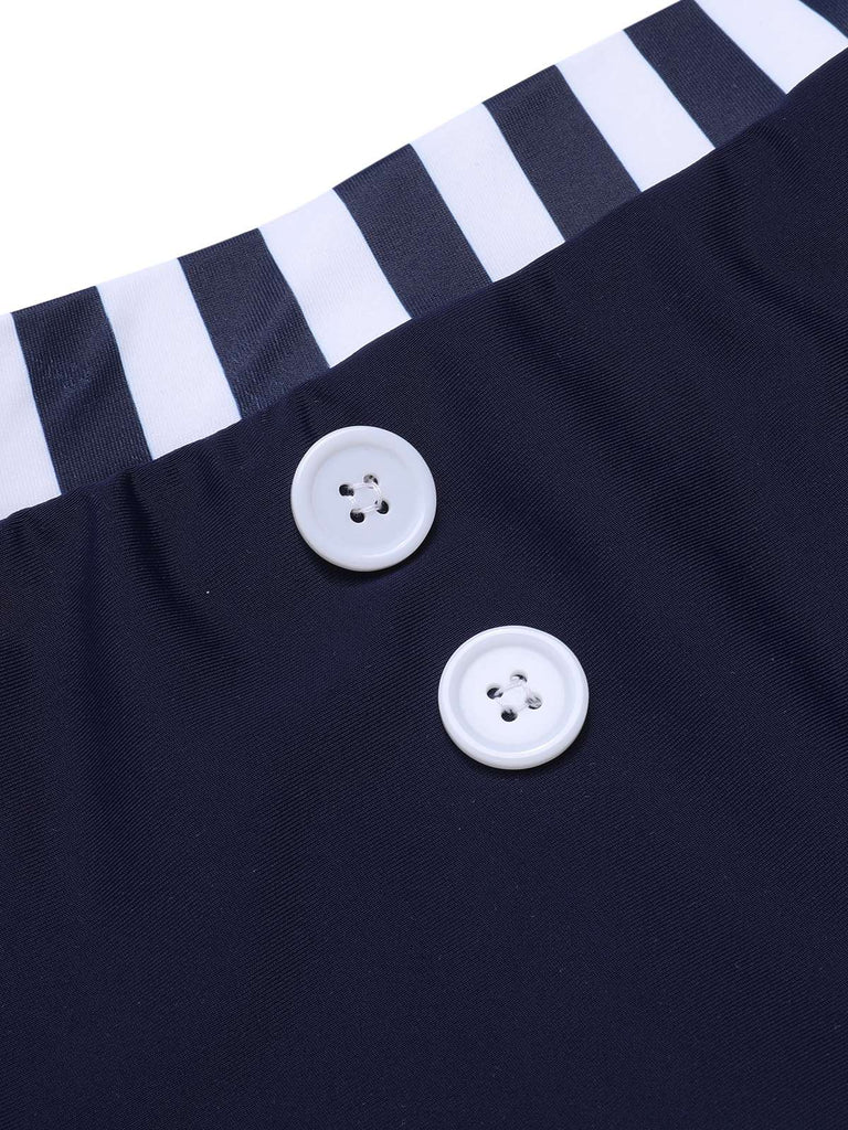 Dark Blue 1930s Stripes Halter Buttons Swimsuit, vintage swimsuit, pin-up swimwear - perfect for women who love vintage and retro fashion
