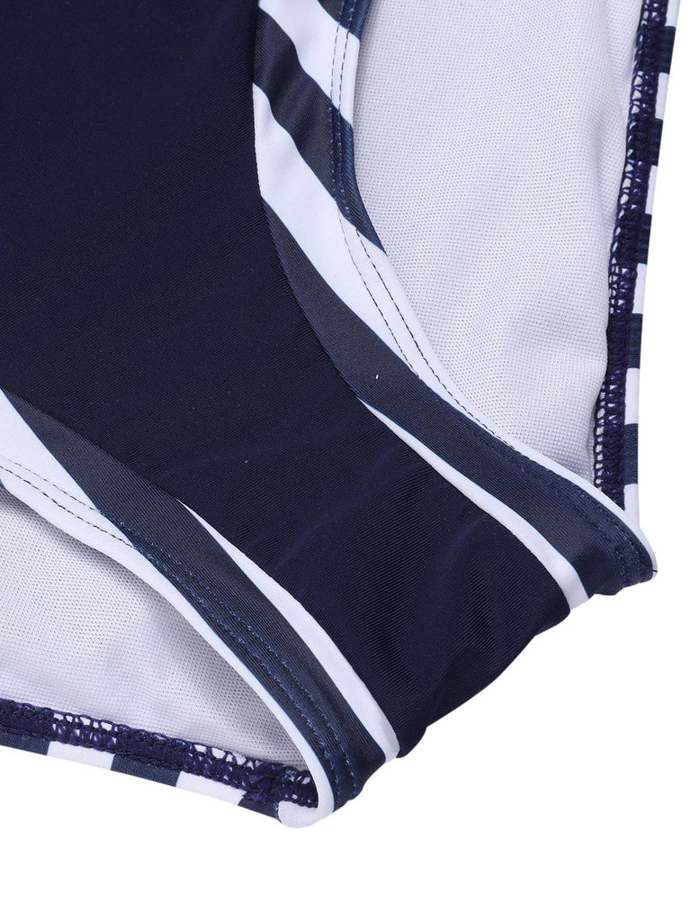 Dark Blue 1930s Stripes Halter Buttons Swimsuit, vintage swimsuit, pin-up swimwear - perfect for women who love vintage and retro fashion