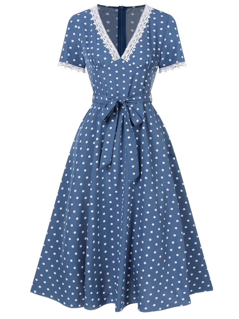 Dark Blue 1930s V-Neck Polka Dots Belted Dress | Retro Stage