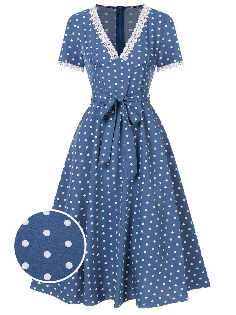 Dark Blue 1930s V-Neck Polka Dots Belted Dress | Retro Stage Dark Blue 1930s V-Neck Polka Dots Belted Dress | Retro Stage