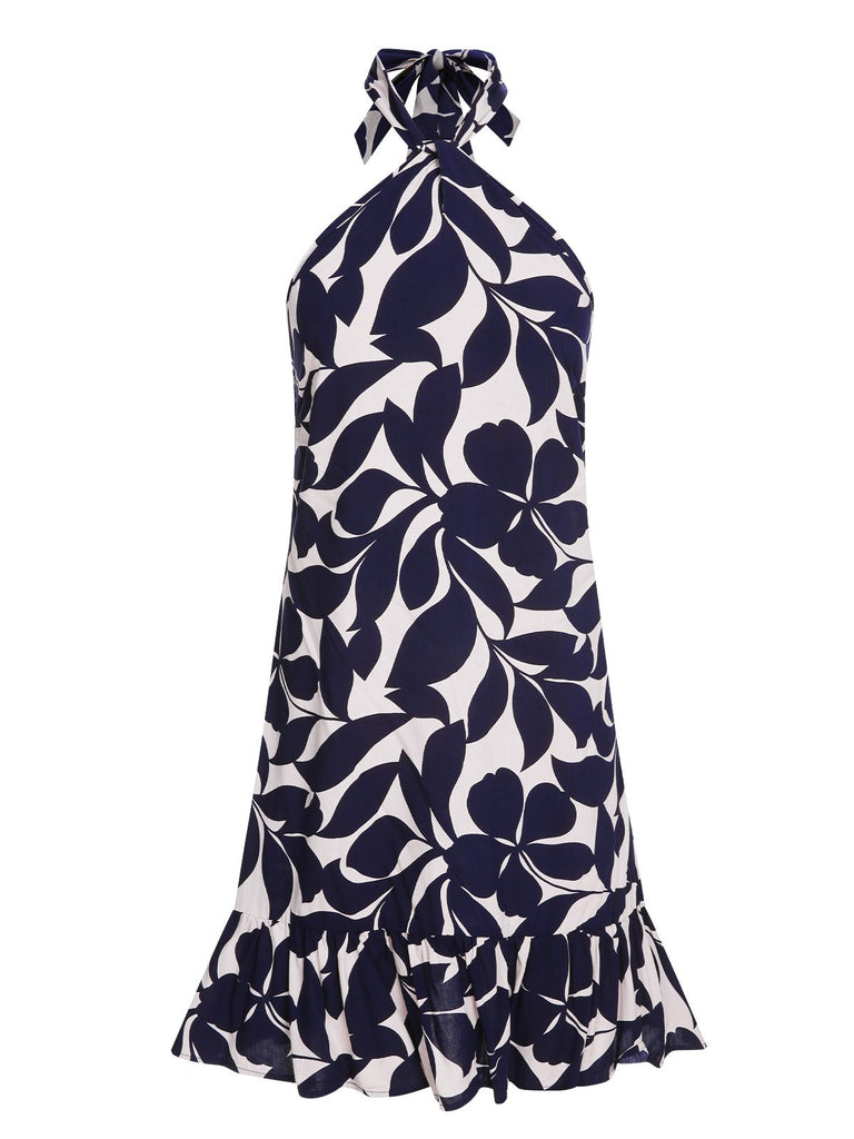 Dark Blue 1940s Backless Halter Floral Dress, vintage dress, retro fashion, floral print - perfect for women who love vintage and retro fashion
