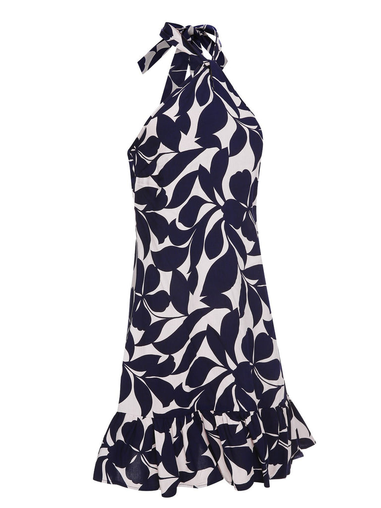 Dark Blue 1940s Backless Halter Floral Dress, vintage dress, retro fashion, floral print - perfect for women who love vintage and retro fashion