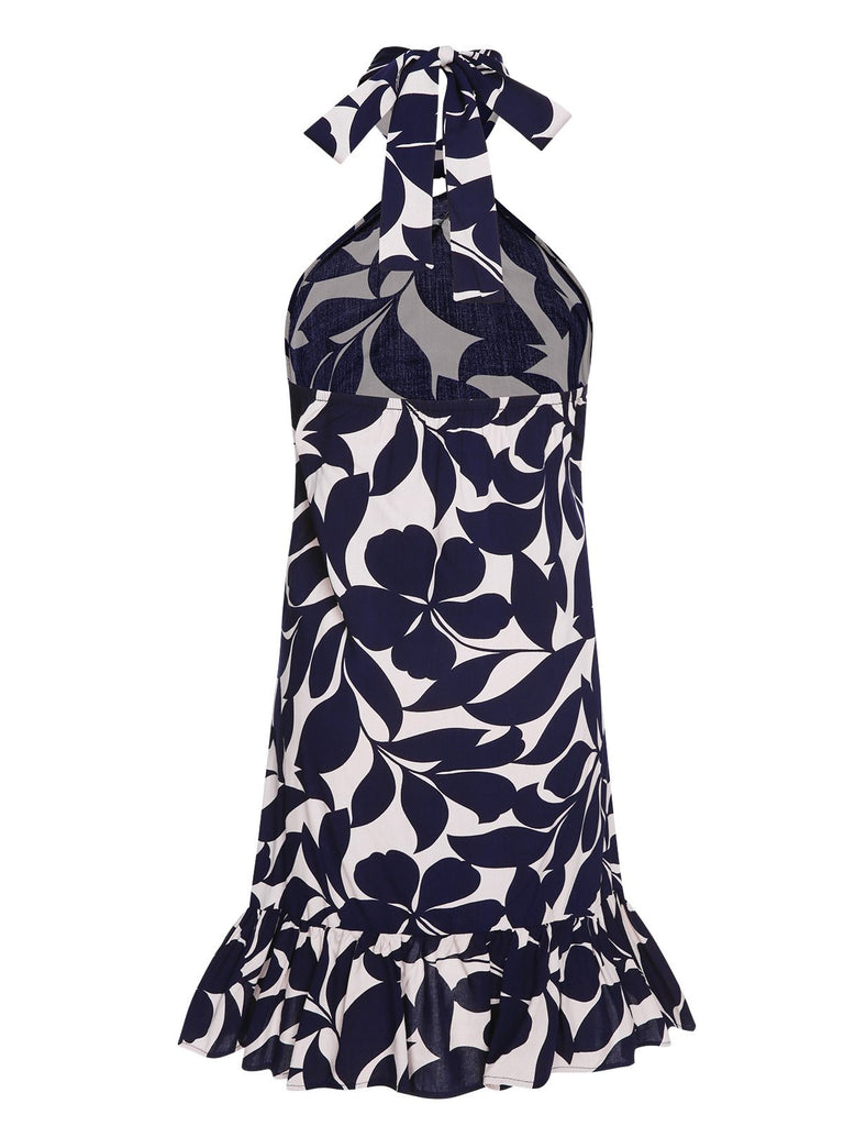 Dark Blue 1940s Backless Halter Floral Dress, vintage dress, retro fashion, floral print - perfect for women who love vintage and retro fashion