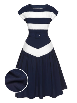 Dark Blue 1940s Boat Neck Stripe Dress, vintage dress, retro fashion - perfect for women who love vintage and retro fashion