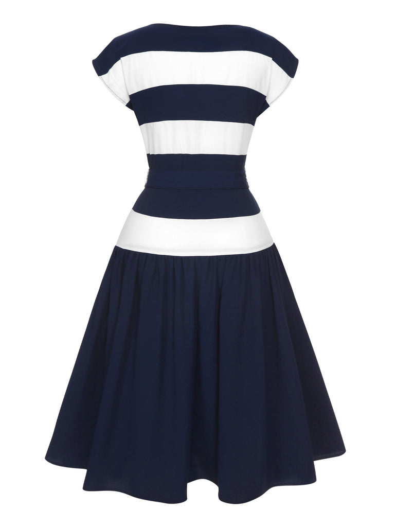 Dark Blue 1940s Boat Neck Stripe Dress | Retro Stage
