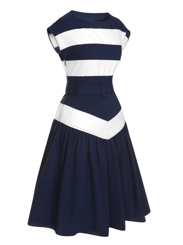 Dark Blue 1940s Boat Neck Stripe Dress | Retro Stage Dark Blue 1940s Boat Neck Stripe Dress | Retro Stage