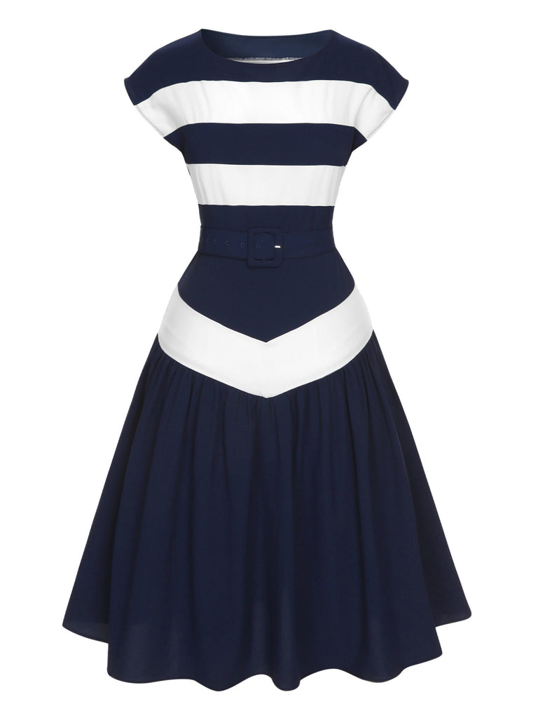 Dark Blue 1940s Boat Neck Stripe Dress | Retro Stage Dark Blue 1940s Boat Neck Stripe Dress | Retro Stage