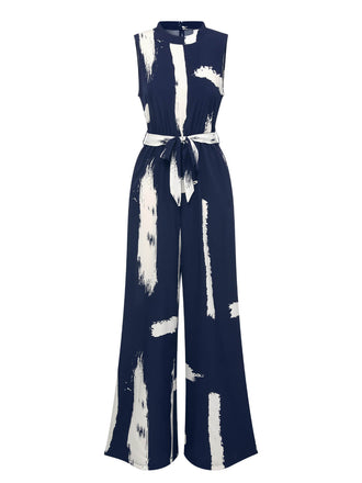 Dark Blue 1940s Brush Print Jumpsuit With Belt, vintage romper, retro jumpsuit - perfect for women who love vintage and retro fashion