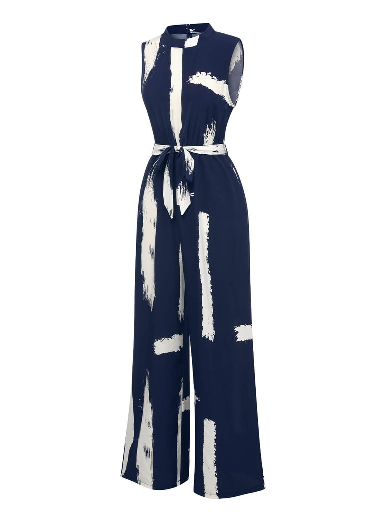 Dark Blue 1940s Brush Print Jumpsuit With Belt, vintage romper, retro jumpsuit - perfect for women who love vintage and retro fashion