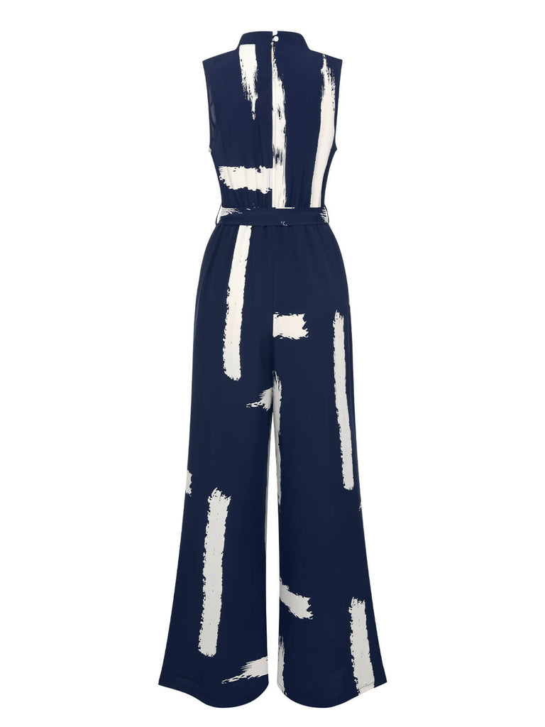 Dark Blue 1940s Brush Print Jumpsuit With Belt, vintage romper, retro jumpsuit - perfect for women who love vintage and retro fashion