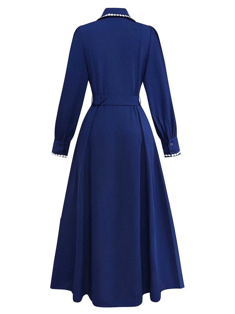 Dark Blue 1940s Contrast-Trim Belted Shirt Dress - vintage dress, retro fashion