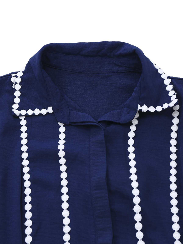 Dark Blue 1940s Contrast-Trim Belted Shirt Dress - vintage dress, retro fashion
