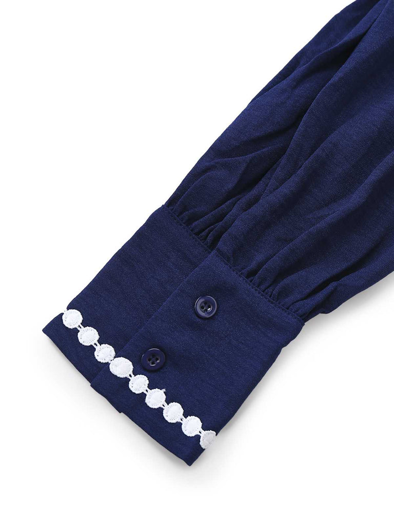 Dark Blue 1940s Contrast-Trim Belted Shirt Dress - vintage dress, retro fashion