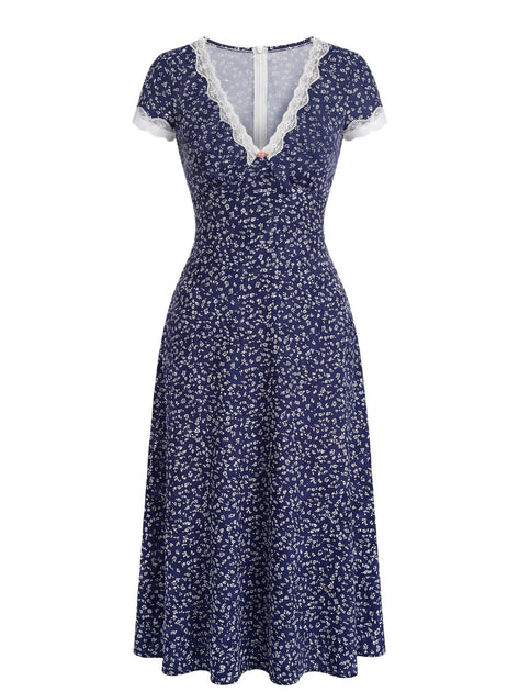 Dark Blue 1940s Floral Lace V-Neck Patchwork Dress Dark Blue 1940s Floral Lace V-Neck Patchwork Dress