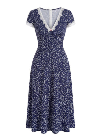 Dark-Blue-1940s-Floral-Lace-V-Neck-Patchwork-Dress, vintage, retro, dress