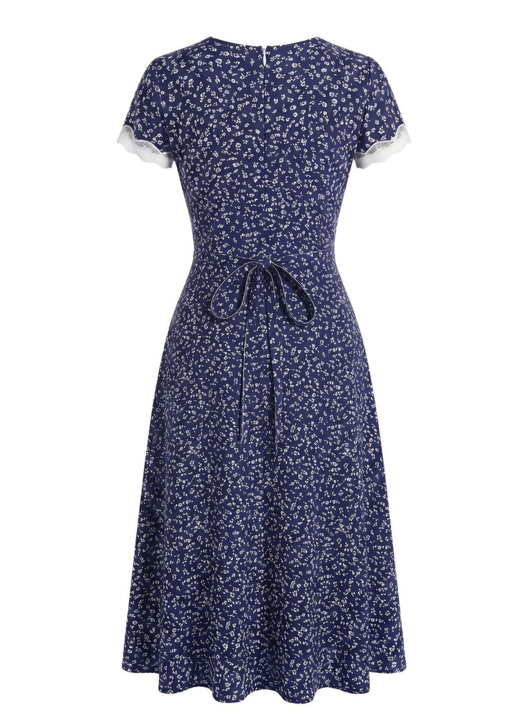 Dark Blue 1940s Floral Lace V-Neck Patchwork Dress, vintage dress, retro fashion, floral print, lace detail - perfect for women who love vintage and retro fashion