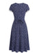 Dark Blue 1940s Floral Lace V-Neck Patchwork Dress, vintage dress, retro fashion, floral print, lace detail - perfect for women who love vintage and retro fashion