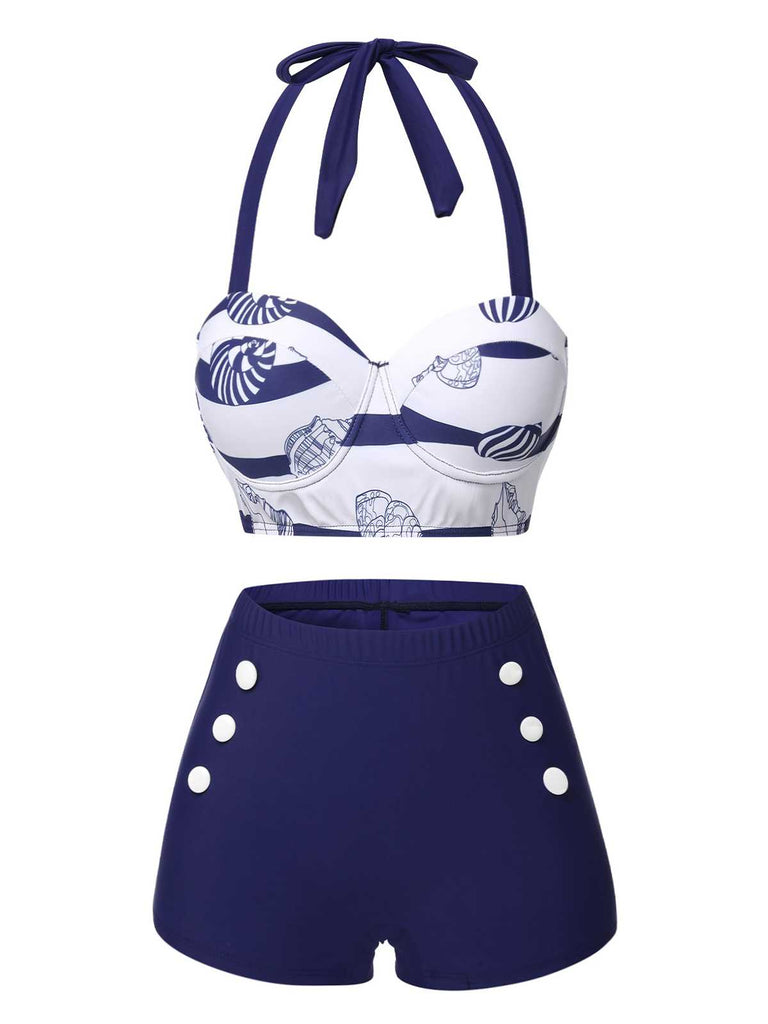 Dark Blue 1940s Halter Ocean Stripes Swimsuit: 1940s Riviera elegance, reimagined for her