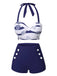 Dark Blue 1940s Halter Ocean Stripes Swimsuit: 1940s Riviera elegance, reimagined for her