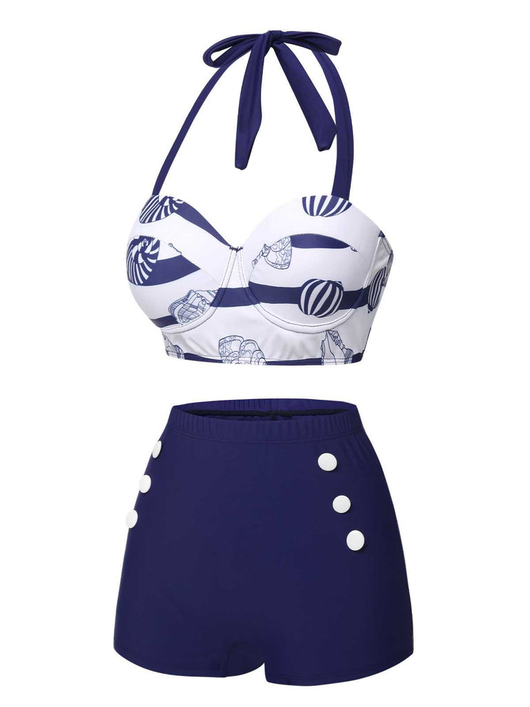 This Dark Blue 1940s Halter Ocean Stripes Swimsuit carries 1940s vacation dreams in every stitch