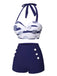 This Dark Blue 1940s Halter Ocean Stripes Swimsuit carries 1940s vacation dreams in every stitch