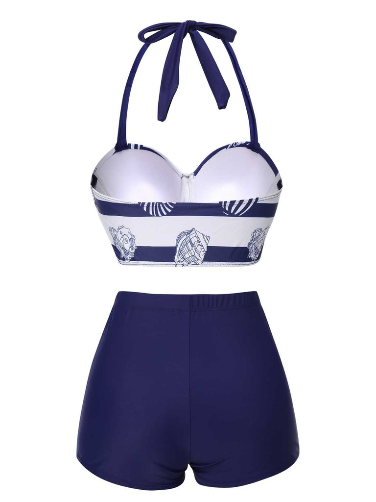 Dark Blue 1940s Halter Ocean Stripes Swimsuit — because 1940s glamour never goes out of style
