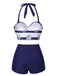 Dark Blue 1940s Halter Ocean Stripes Swimsuit — because 1940s glamour never goes out of style