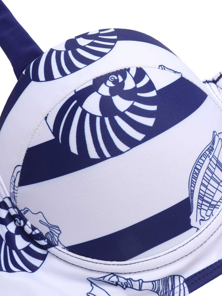 Dark Blue 1940s Halter Ocean Stripes Swimsuit — 1940s poolside glamour meets sun-drenched confidence
