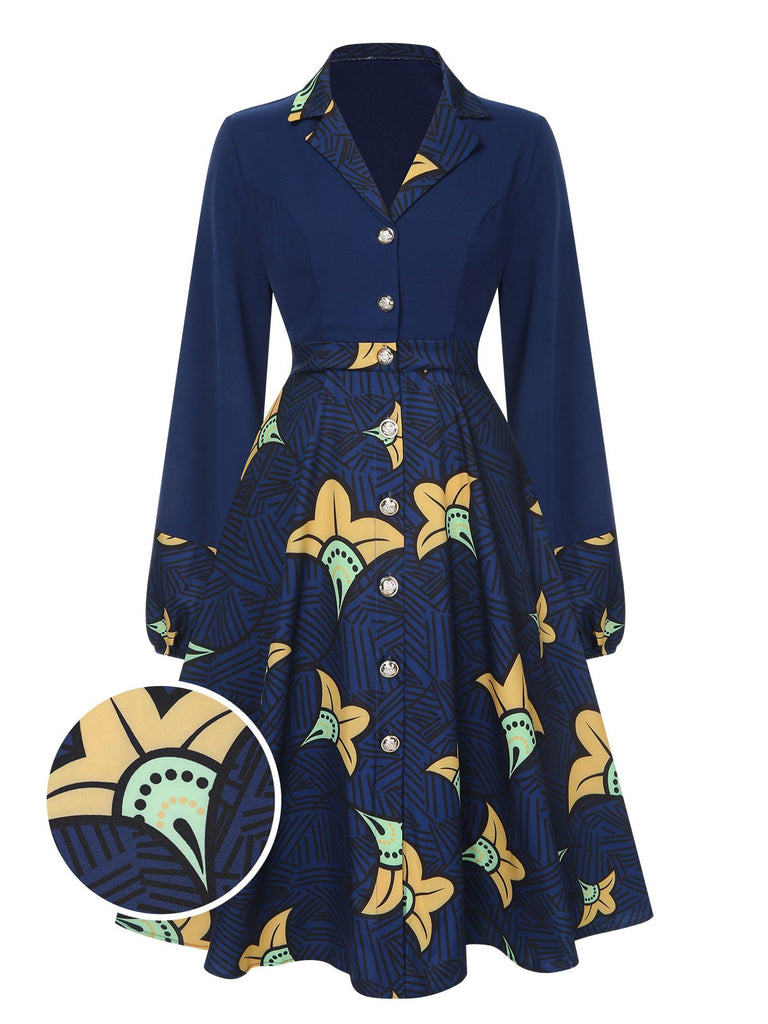 Dark Blue 1940s Lapel Cartoon Floral Dress, vintage dress, retro fashion, floral print - perfect for women who love vintage and retro fashion