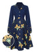 Dark Blue 1940s Lapel Cartoon Floral Dress, vintage dress, retro fashion, floral print - perfect for women who love vintage and retro fashion