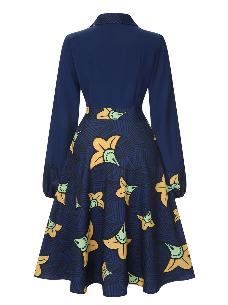 Dark Blue 1940s Lapel Cartoon Floral Dress, vintage dress, retro fashion, floral print - perfect for women who love vintage and retro fashion