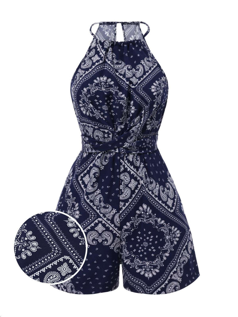 She finds her 1940s story in this Dark Blue 1940s Paisley Drawstring Romper