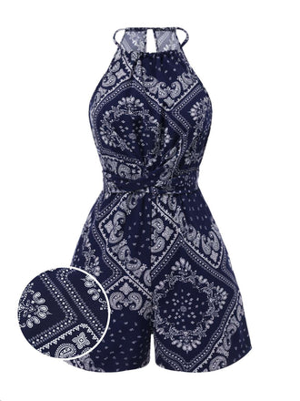 She finds her 1940s story in this Dark Blue 1940s Paisley Drawstring Romper