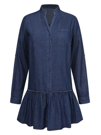 She slips into this Dark Blue 1940s Stand Collar Ruffle Hem Denim Dress and suddenly it's a 1940s daydream