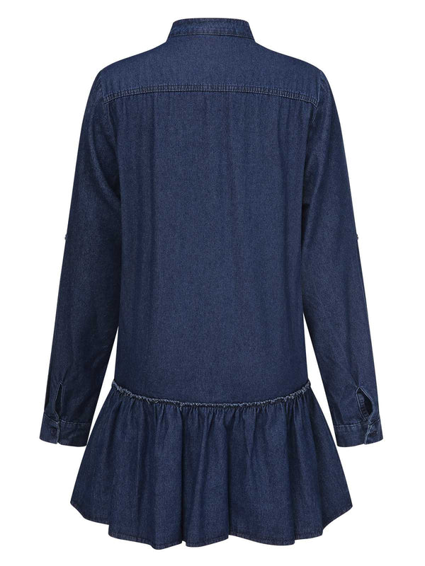 ruffle hem denim dress Cosmala Denim Long Sleeve Mini Dress - Indigo Blue