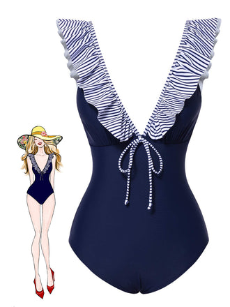 She's wearing Dark Blue 1940s Striped Ruffled Swimsuit and the whole beach remembers the 1940s