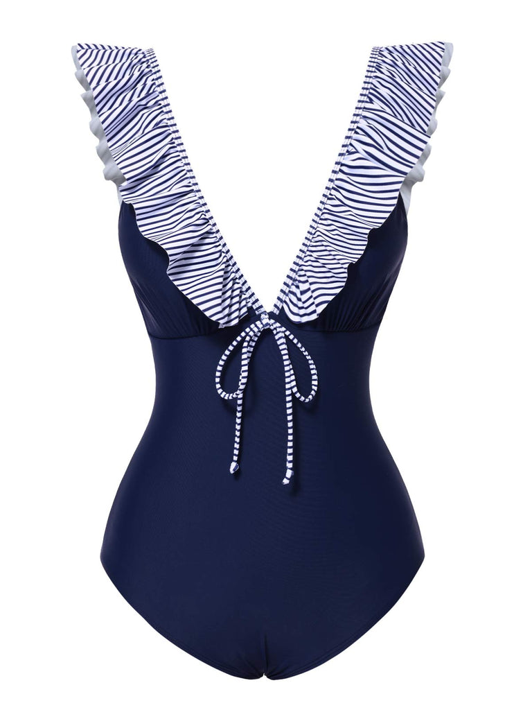 This Dark Blue 1940s Striped Ruffled Swimsuit carries 1940s vacation dreams in every stitch