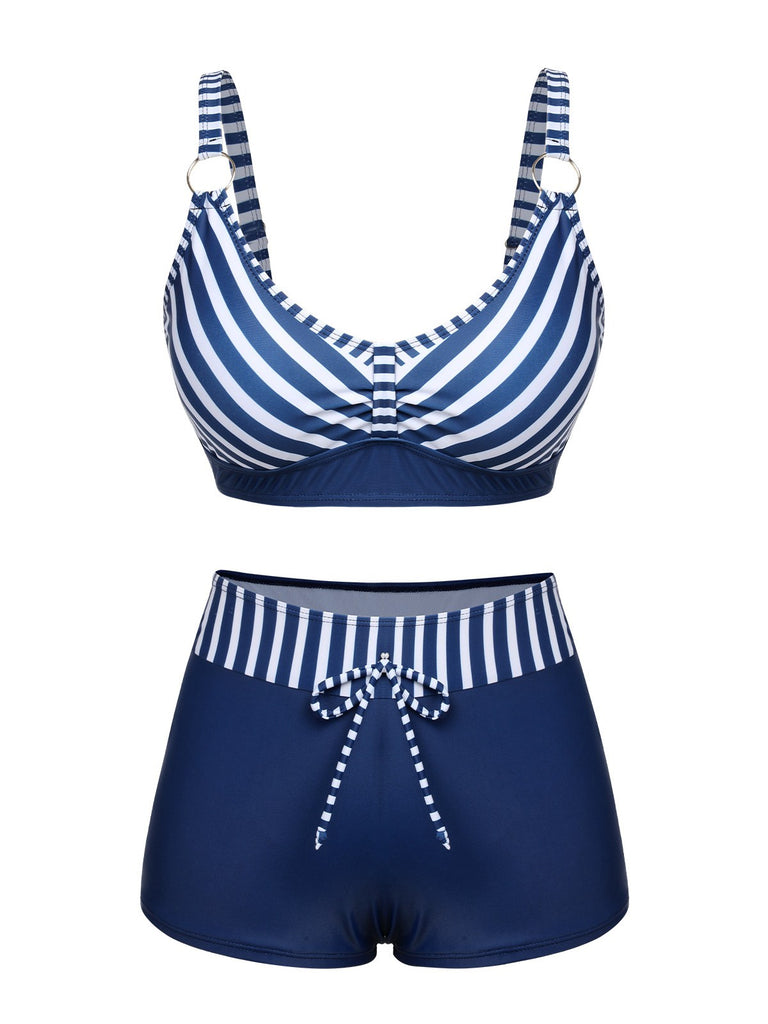 Dark Blue 1940s Stripes Strap Drawstring Swimsuit, vintage swimsuit, pin-up swimwear - perfect for women who love vintage and retro fashion