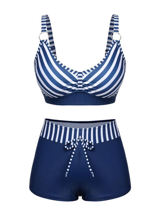 Dark Blue 1940s Stripes Strap Drawstring Swimsuit, vintage swimsuit, pin-up swimwear - perfect for women who love vintage and retro fashion