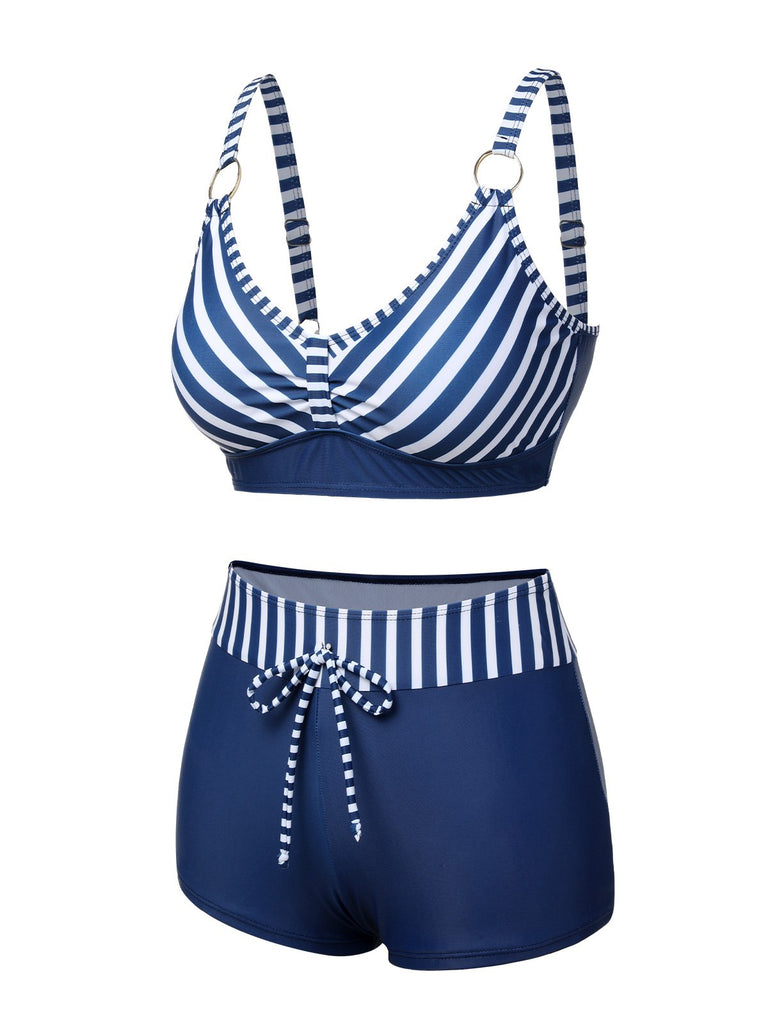 Dark Blue 1940s Stripes Strap Drawstring Swimsuit, vintage swimsuit, pin-up swimwear - perfect for women who love vintage and retro fashion