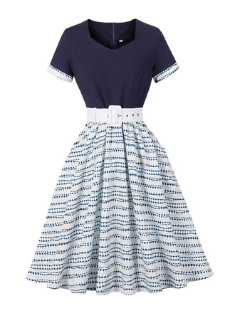 Dark Blue 1950s Geometric Print Belted Swing Dress, vintage dress, retro fashion, rockabilly, pin-up fashion - perfect for women who love vintage and retro fashion