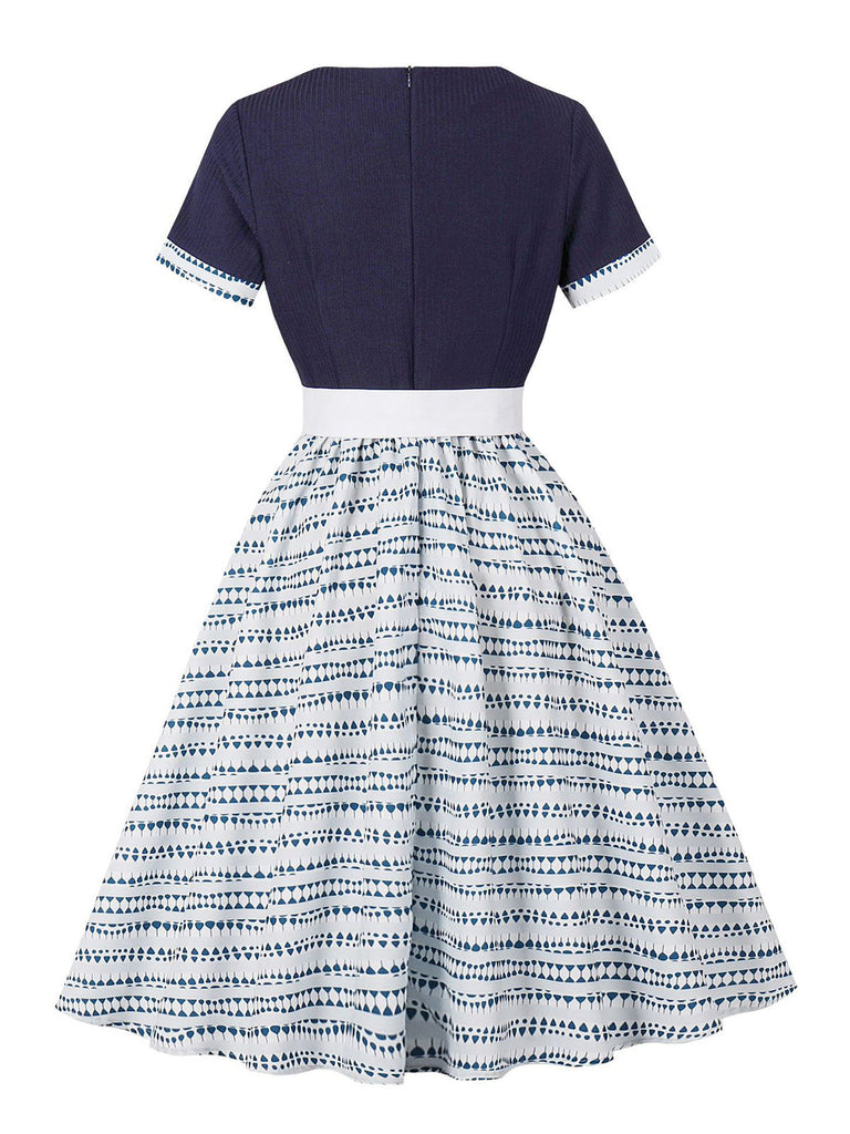 Dark Blue 1950s Geometric Print Belted Swing Dress | Retro Stage