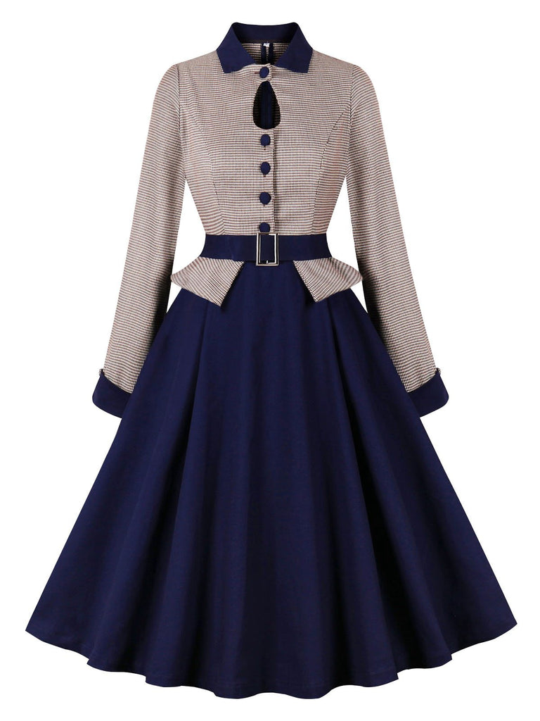 Dark Blue 1950s Houndstooth Patchwork Belted Dress, vintage dress, retro fashion, rockabilly, pin-up fashion - perfect for women who love vintage and retro fashion