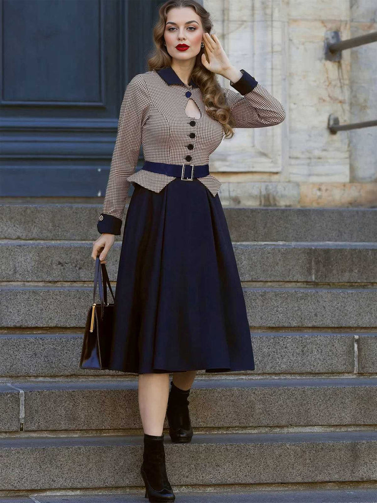 Dark Blue 1950s Houndstooth Patchwork Belted Dress: where 1950s romance meets her modern spirit